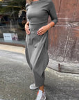 Simple solid color pocket long sleeve elegant dress