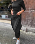 Simple solid color pocket long sleeve elegant dress