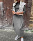 Simple solid color pocket long sleeve elegant dress
