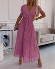 Solid color ruffled sleeves V-neck elegant dress