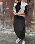 Simple solid color pocket long sleeve elegant dress