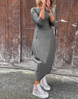 Simple solid color pocket long sleeve elegant dress
