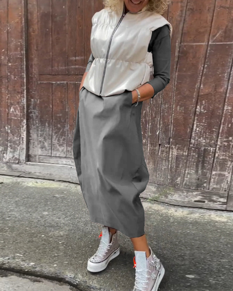 Simple solid color pocket long sleeve elegant dress