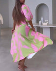 Deep V half-sleeve printed elegant dress