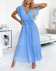 Solid color ruffled sleeves V-neck elegant dress