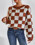 Women's Checkered Crew Neck Long Sleeve Sweater