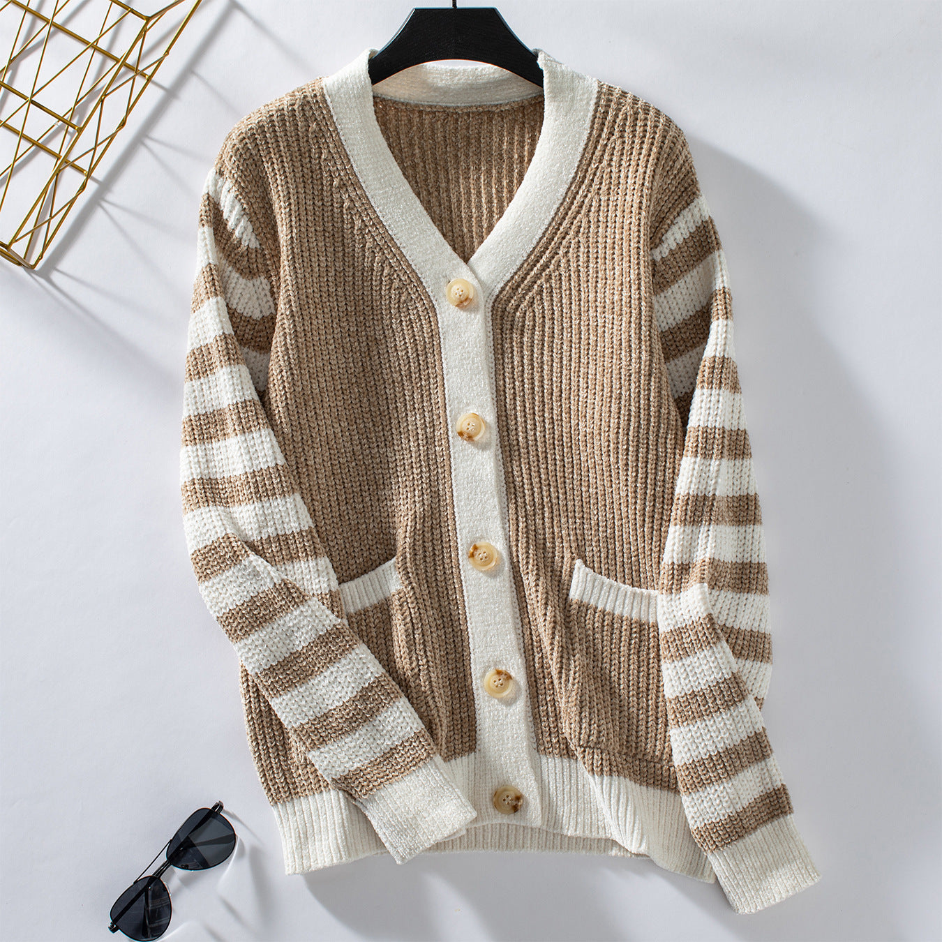Womens Striped Buttoned Long Sleeve Casual Knit Cardigan