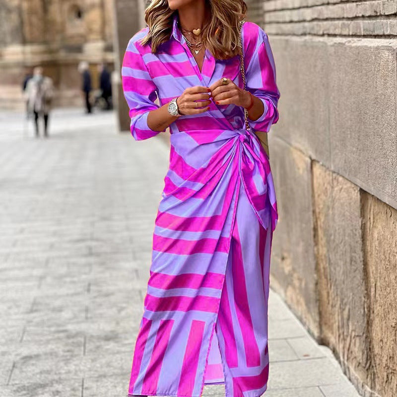 Striped Print Long Shirt Dress