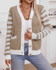 Womens Striped Buttoned Long Sleeve Casual Knit Cardigan