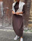 Simple solid color pocket long sleeve elegant dress