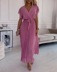Solid color ruffled sleeves V-neck elegant dress