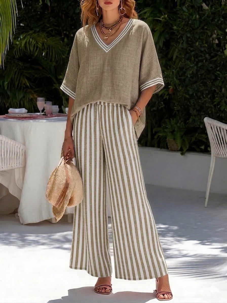 Beverly | Stylish V-Neck and Stripe Pants Set